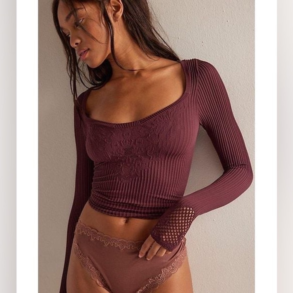 Free People Burgundy Long Sleeve Top